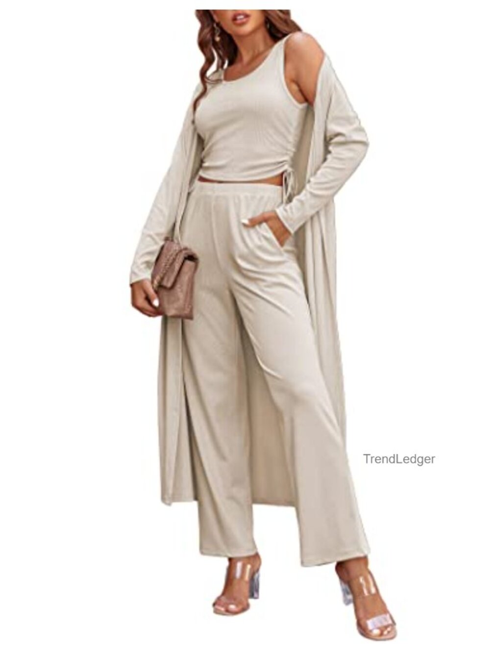 Women's 3-Piece Lounge Set Pajama Long Sleeve Cardigan Sleeveless Top Pants